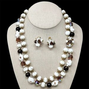 Vendome Vintage Glass 2 Row Beaded Necklace Clip On Earring Set